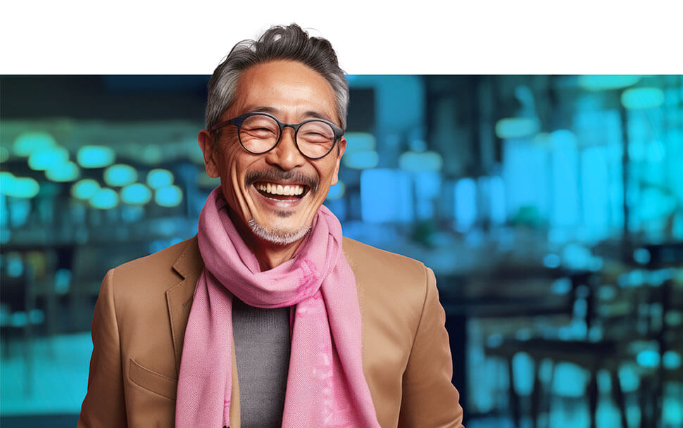 Un homme souriant, à la fin de la cinquantaine ou au début de la soixantaine, portant des lunettes, un foulard et une veste décontractée.